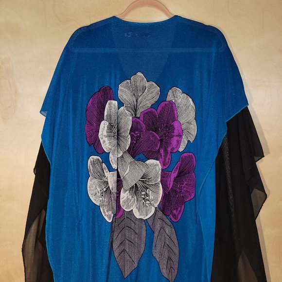 Michael X Blue Black Floral Sheer Knit Layered Swimsuit Coverup Women Size L - Picture 7 of 10